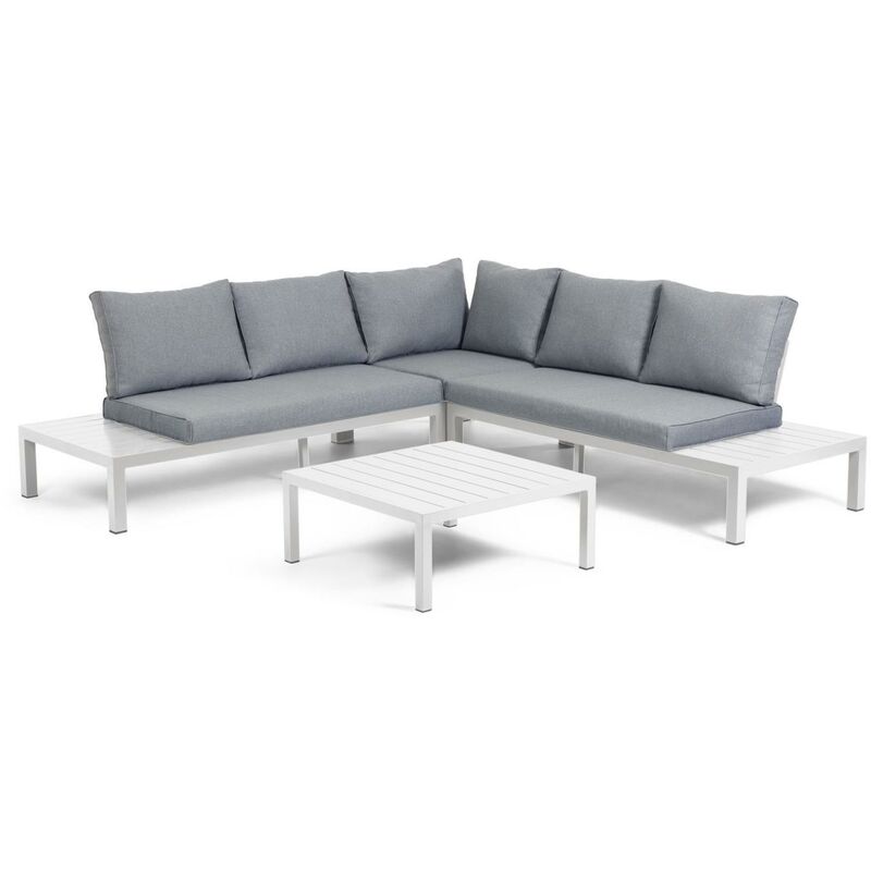 Kave Home - Salon de jardin Duka avec canapé d'angle 5 places et table en aluminium blanc - Blanc
