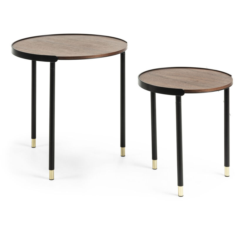 

Kave Home - Set de 2 mesas auxiliares nido Anabel redondas Ø 50 / Ø 38 cm chapadas en nogal y patas de acero en negro y dorado