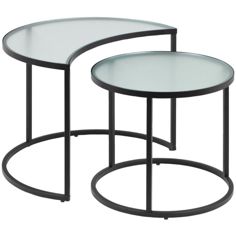 

Kave Home - Set de 2 mesas auxiliares nido Bast redonda Ø 47 y media luna 60 x 46 cm de cristal templado texturizado y patas de acero en negro