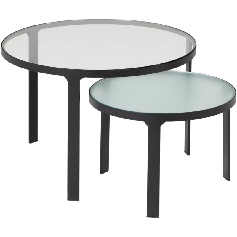 

Set de 2 mesas auxiliares nido Oni redondas Ø 70 / Ø 50 cm de cristal templado texturizado y patas de acero en negro - Kave Home