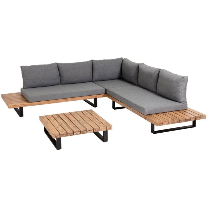

Set de sofá Zalika con sofá rinconero de 5 plazas y mesa de centro de madera de acacia para exterior - Kave Home