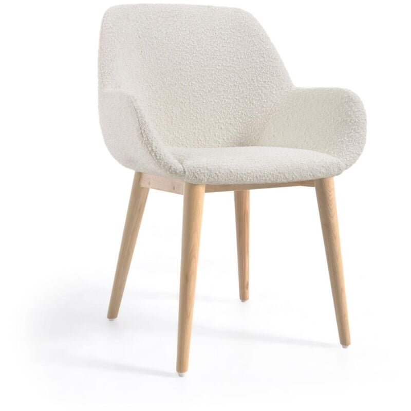 Kave Home - Silla Konna de borreguito blanco y patas de madera maciza de fresno acabado natural