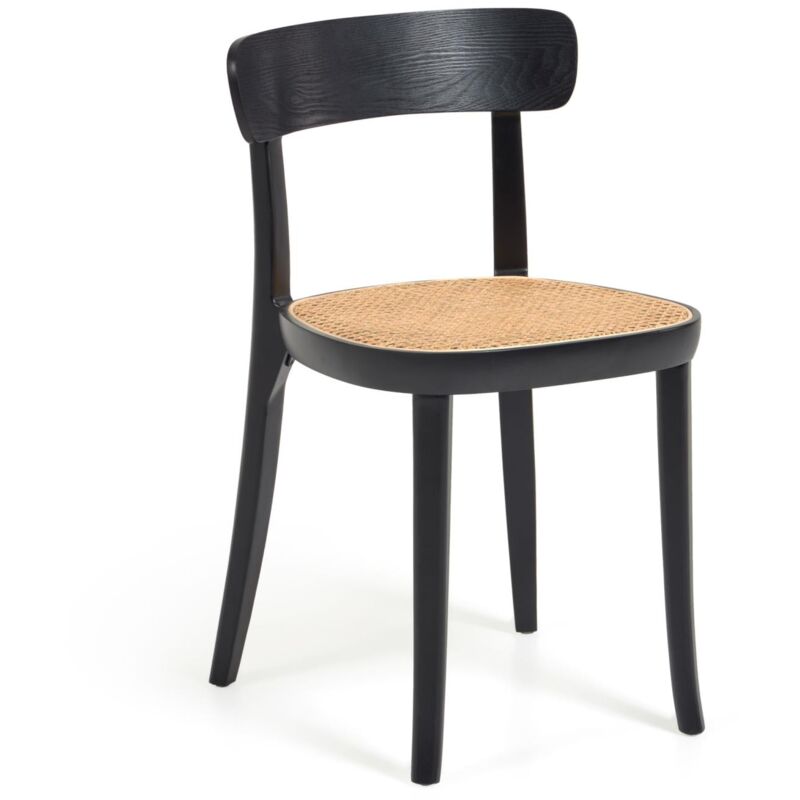 

Kave Home - Silla Romane madera de haya acabado negro y chapa de fresno y ratán