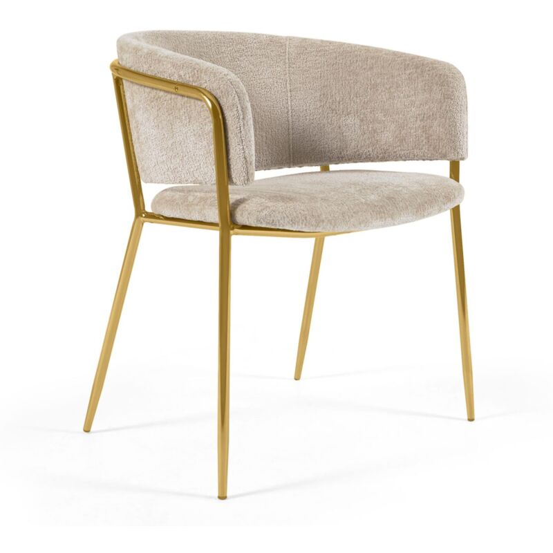 

Silla Runnie de chenilla beige con patas de acero con acabado dorado - Kave Home