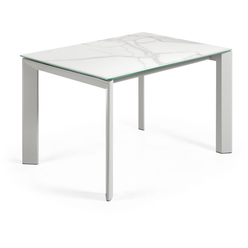 Kave Home - Table de salle à manger extensible Axis rectangulaire 120 (180) x 80 cm en porcelaine Kalos blanc avec pieds en acier blanc