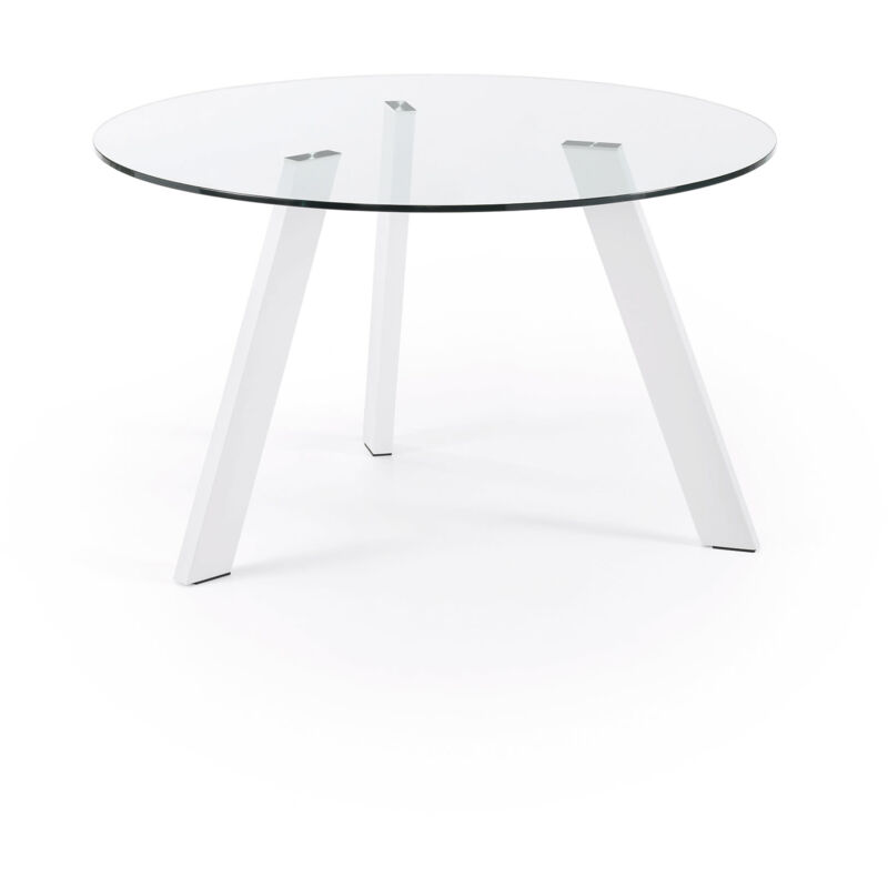 Table de salle à manger Carib ronde ø 130 avec plateau en verre et pieds en acier chromé blanc - Kave Home
