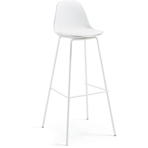 Kave Home - Taburete alto de bar Brighter blanco 75 cm con respaldo, asiento tapizado en piel sintética y patas de acero en blanco