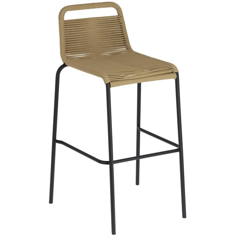 

Kave Home - Taburete alto de bar Lambton marrón 74 cm con respaldo de cuerda de poliéster y patas de acero en negro para interior y exterior