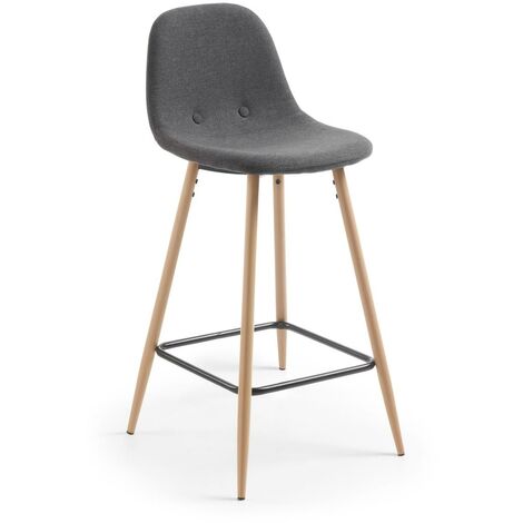 Kave Home - Taburete alto de bar Nolite gris oscuro 65 cm con respaldo y patas de acero efecto madera - Gris