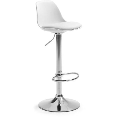 Kave Home - Taburete alto de bar Orlando-T blanco de altura regulable 60-82 cm con respaldo, asiento tapizado en piel sintética y pie de acero