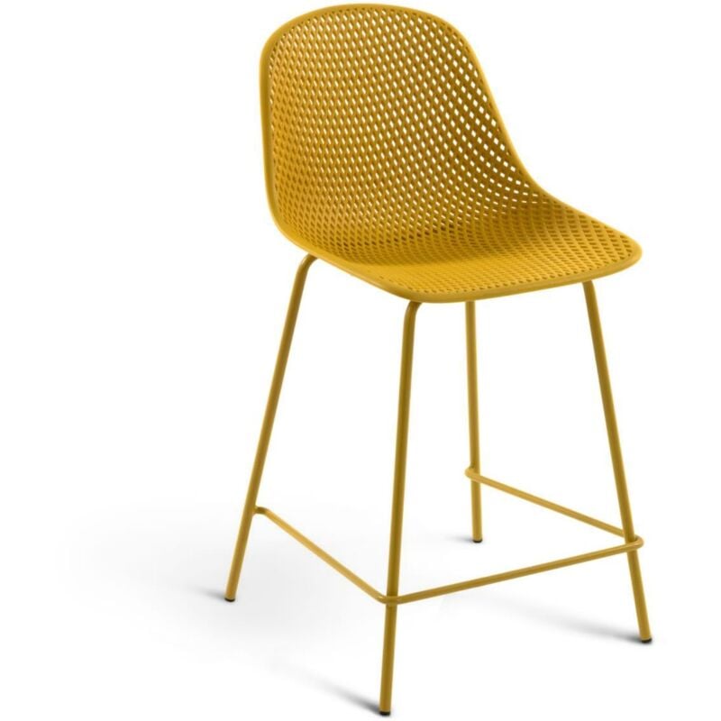 

Taburete alto de bar Quinby amarillo 65 cm con respaldo de plástico y patas de acero en amarillo - Kave Home