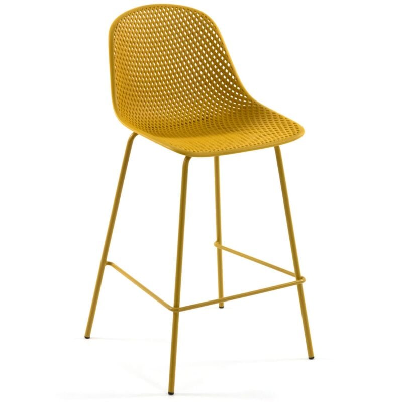 

Taburete alto de bar Quinby amarillo 75 cm con respaldo de plástico y patas de acero en amarillo - Kave Home