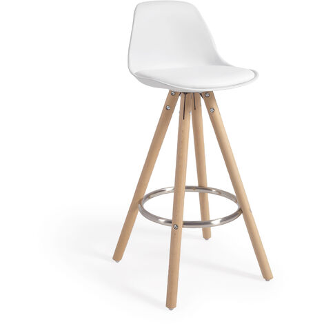 Kave Home Taburete alto de bar slad blanco 65 cm con respaldo tapizado en piel y patas madera