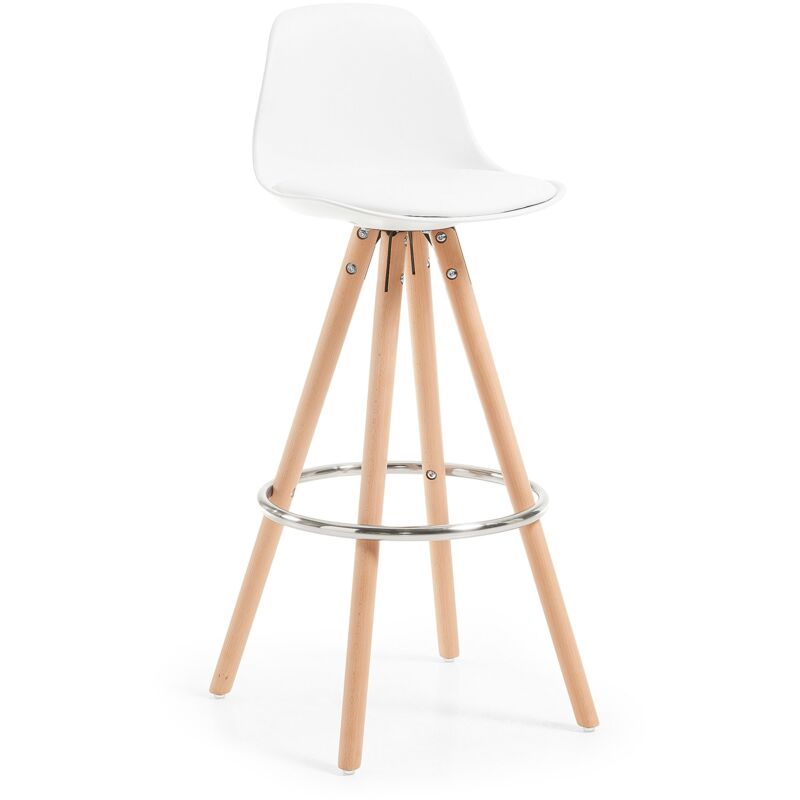 

Taburete alto de bar Slad blanco 74 cm con respaldo, asiento tapizado en piel sintética y patas de madera maciza de haya - Kave Home