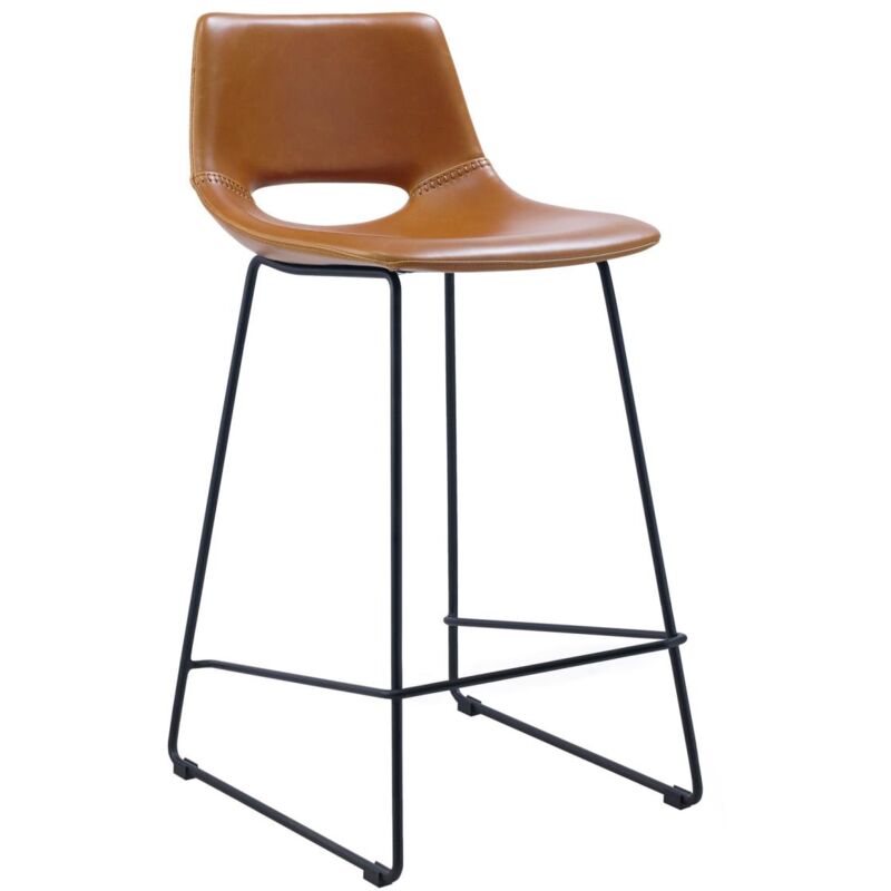 

Kave Home - Taburete alto de bar Zahara marrón claro 65 cm con respaldo, tapizado en piel sintética y patas de acero en negro