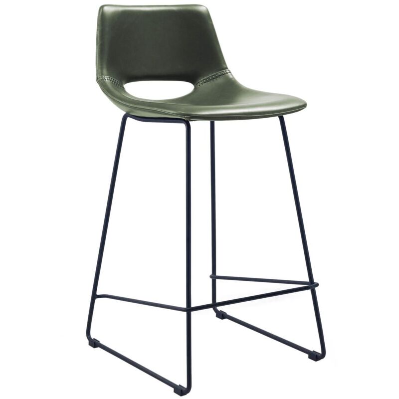 

Taburete alto de bar Zahara verde 65 cm con respaldo, tapizado en piel sintética y patas de acero en negro - Kave Home