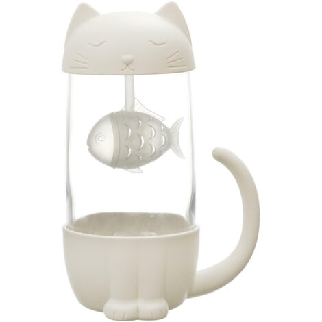 Kawaii Tasse mit Teesieb Katze mit Fisch 300ml weiß