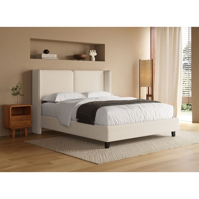 KAYDEN - Lit double en tissu effet peau de mouton beige 140x190 cm KAYDEN