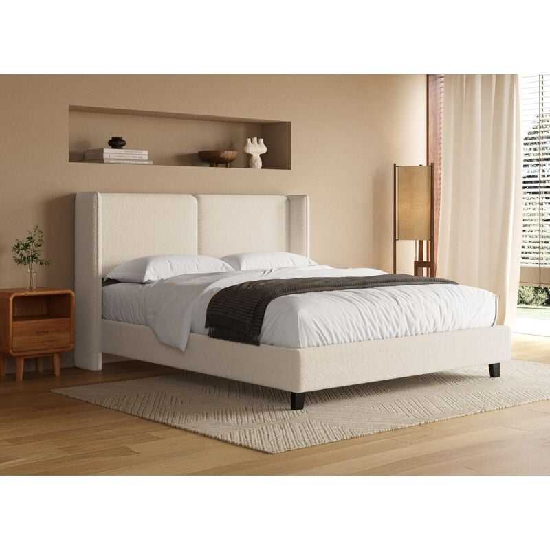 Deco In Paris - kayden - Lit double en tissu effet peau de mouton beige 160x200 cm kayden