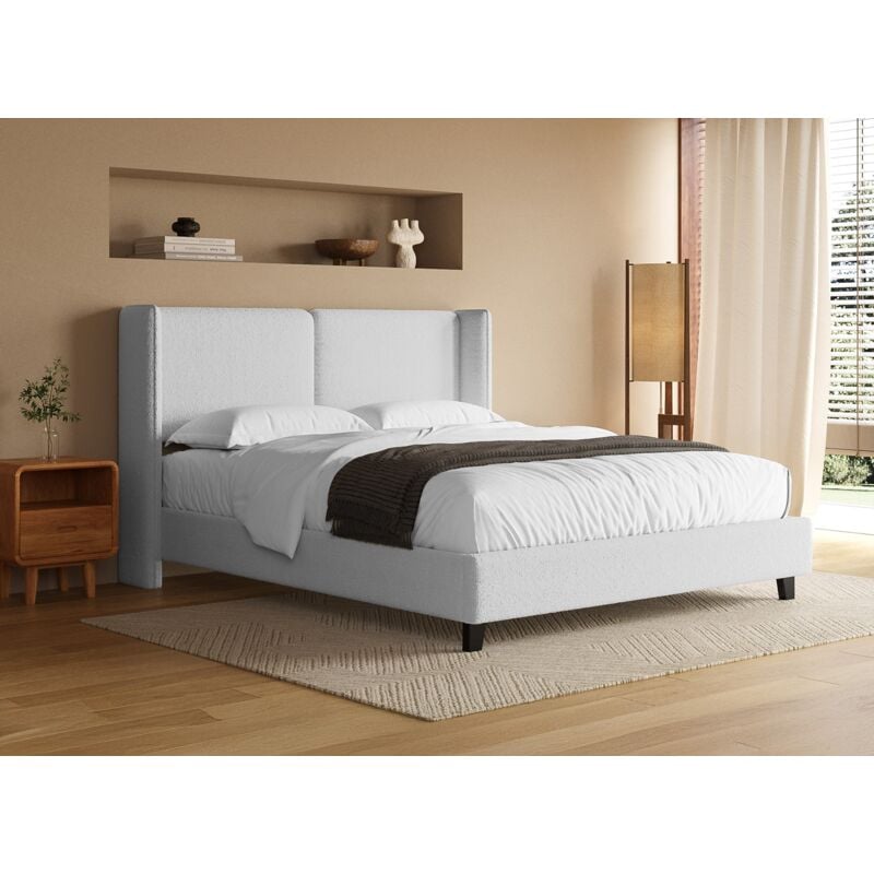 Deco In Paris - kayden - Lit double en tissu effet peau de mouton gris clair 160x200 cm kayden