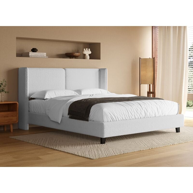 Deco In Paris - kayden - Lit double en tissu effet peau de mouton gris clair 180x200 cm kayden