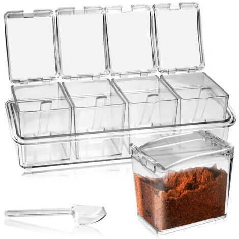 KBNIAN è un set di 4 contenitori trasparenti in acrilico per spezie da cucina, completi di cucchiaini e coperchi, ideali per conservare sale, pepe, zucchero e spezie.