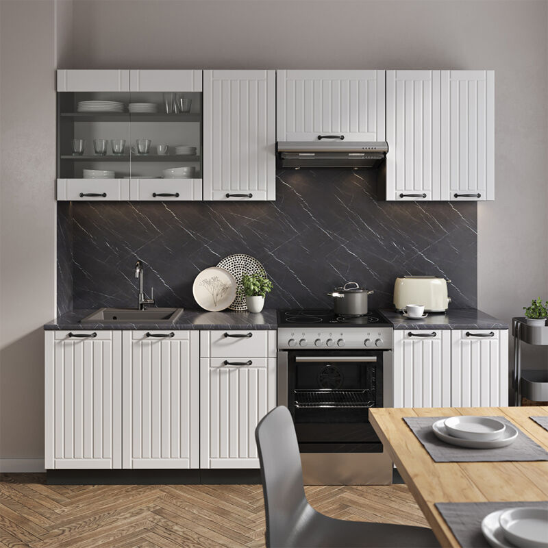 Vicco - Küchenzeile Fame-line, Weiß Landhaus/anthrazit, 240 Cm , Ap Anthrazit