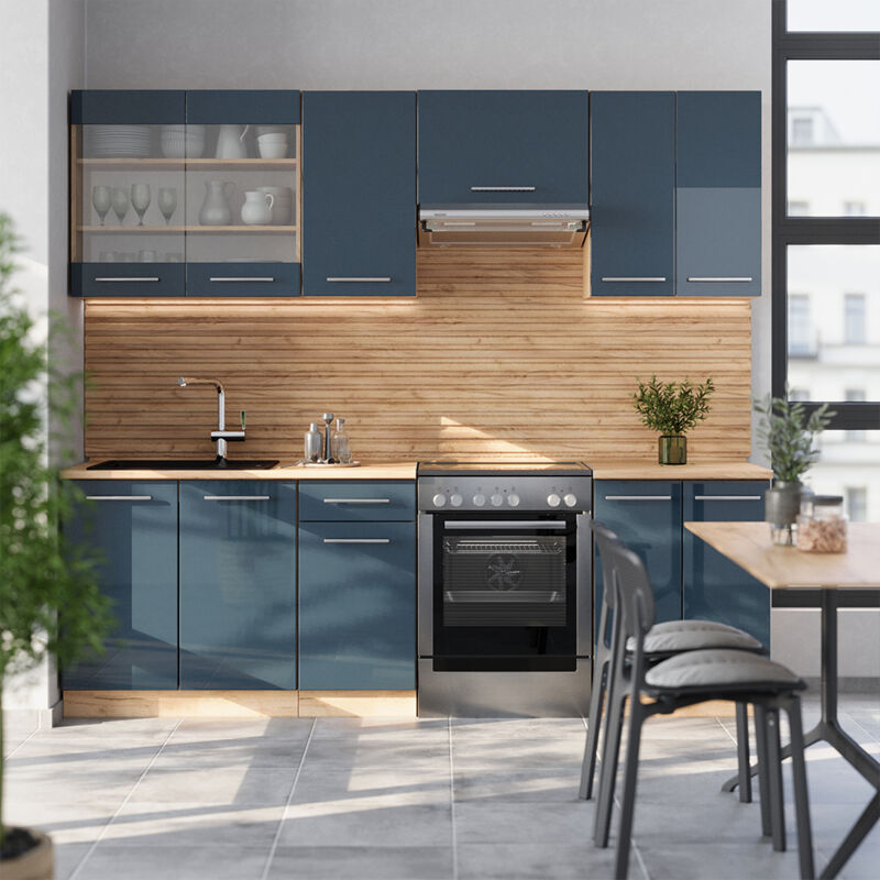 Vicco - Küchenschränke Fame-line, Dunkelblau Hochglanz/goldkraft Eiche, 240 Cm , Ap Marmor