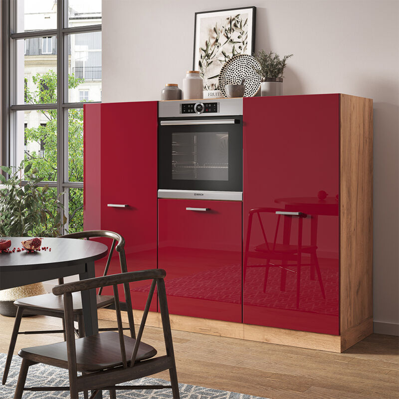 Küchenblock R-line, Bordeaux Hochglanz/goldkraft Eiche, 180 Cm Ohne Arbeitsplatte, Vicco