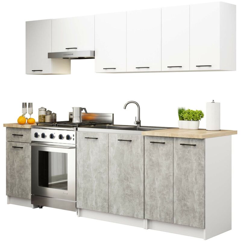 Akord - Küchenmöbelset Oliwia Weiß 240 Cm 11 Turen Schublade 12 Ebenen Front Beton B240 X H203 X T46 Cm