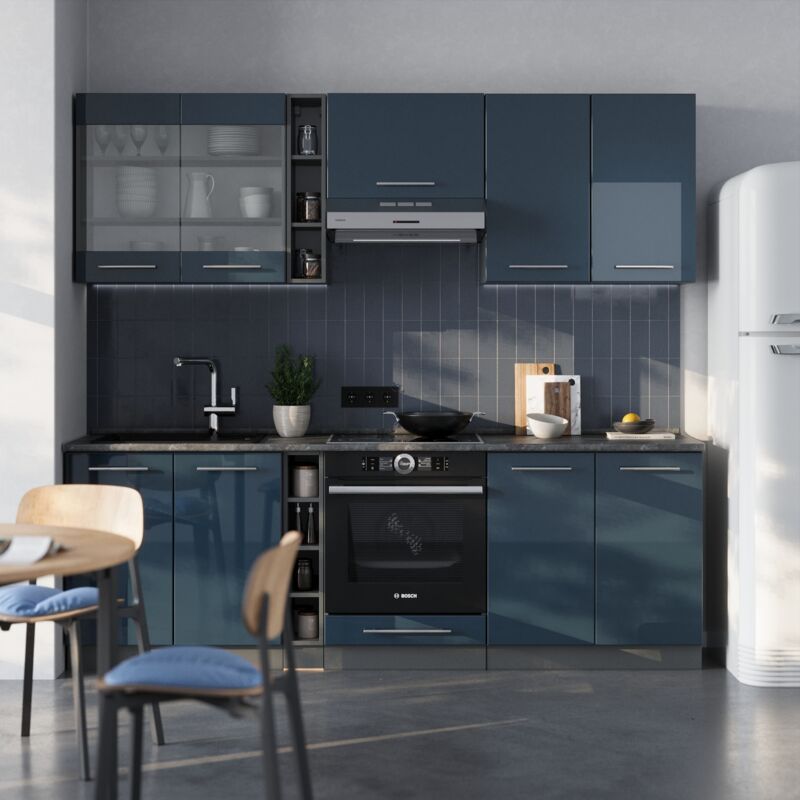 Vicco - Küchenschränke Fame-line, Dunkelblau Hochglanz/anthrazit, 235 Cm Ohne Arbeitsplatte