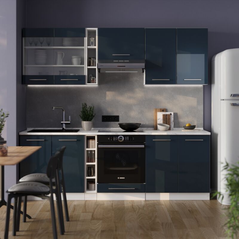 Vicco - Küchenzeile Fame-line, Dunkelblau Hochglanz/weiß, 235 Cm Ohne Arbeitsplatte
