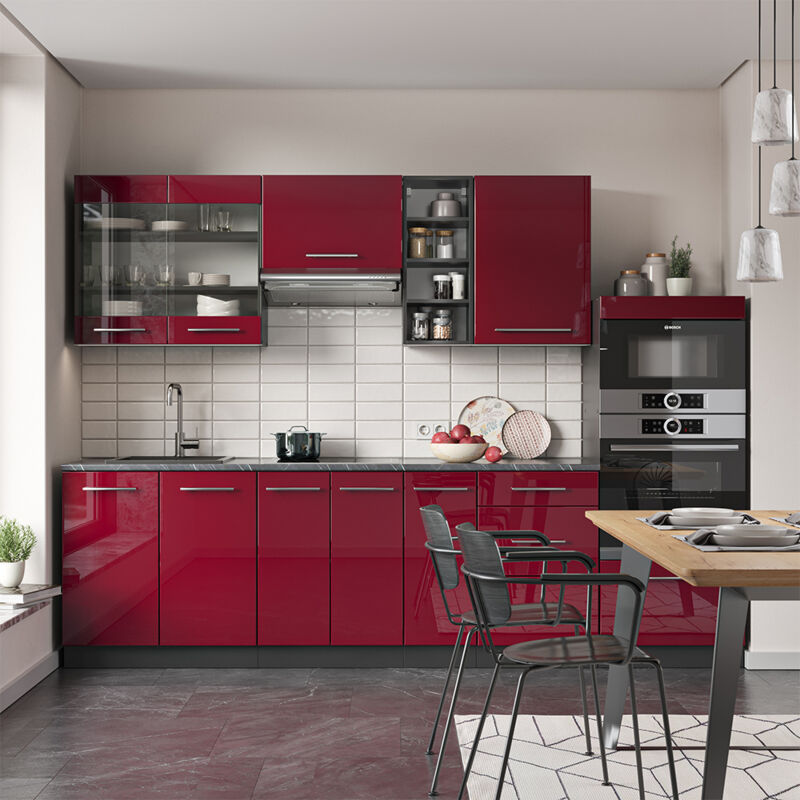 Vicco - Küchenschränke Fame-line, Bordeaux Hochglanz/anthrazit, 280 Cm , Ap Anthrazit