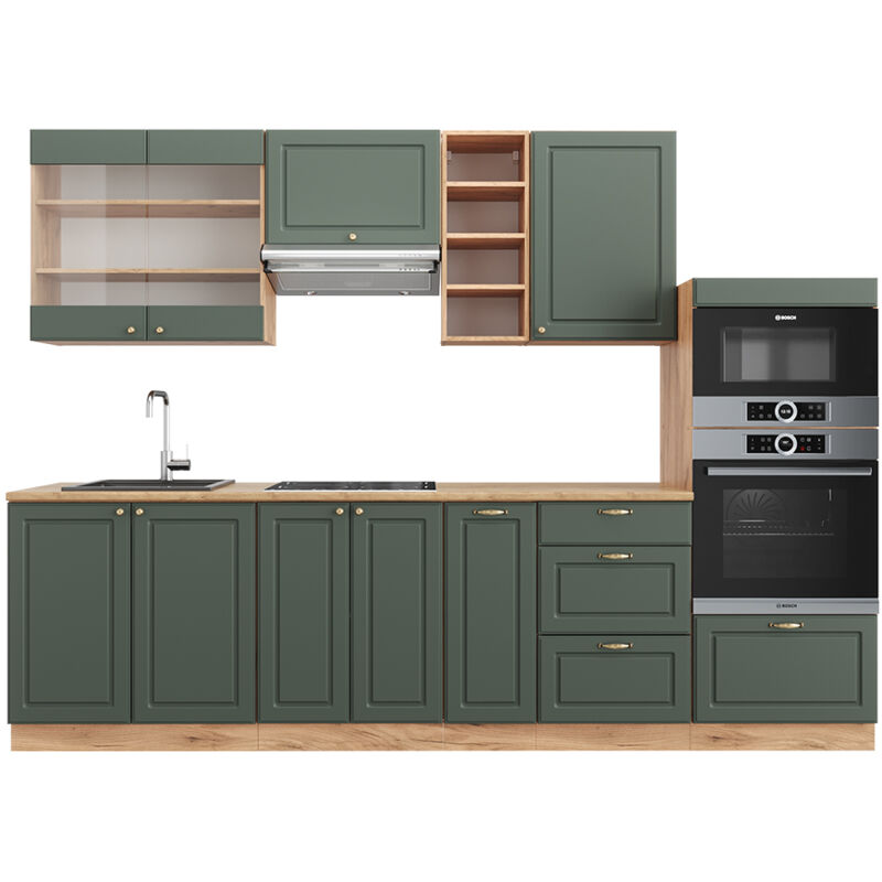Vicco - Küchenzeile Fame-line, Grün-gold Landhaus/goldkraft Eiche, 280 Cm , Ap Eiche