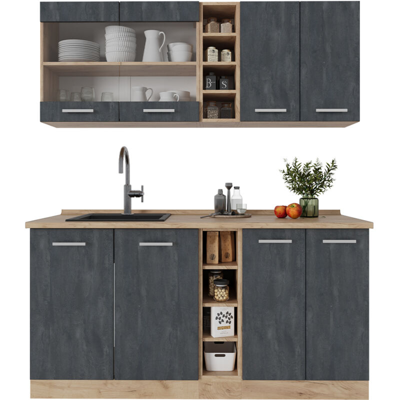 Vicco - Mini-küche R-line, Schwarz Beton/goldkraft Eiche, 160 Cm Ohne Arbeitsplatte