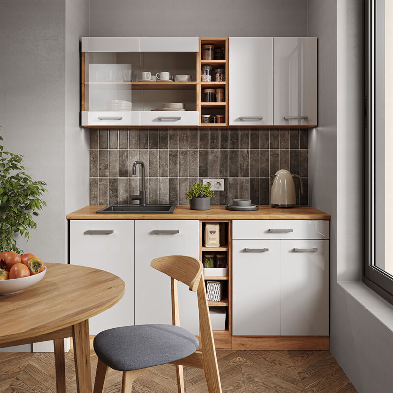 Vicco - Singleküche R-line, Weiß Hochglanz/goldkraft Eiche, 160 Cm Ohne Arbeitsplatte