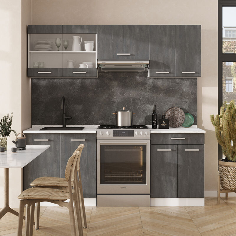 Küchenzeile R-line, Schwarz Beton/weiß, 200 Cm Ap Marmor, Vicco