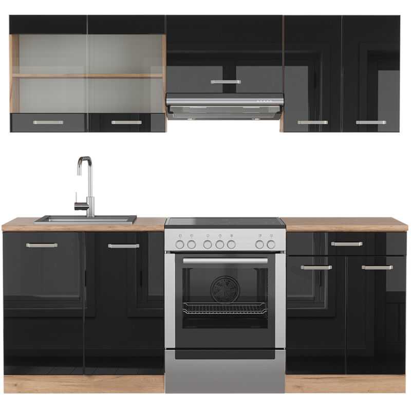 Vicco - Küchenzeile R-line, Schwarz Hochglanz/goldkraft Eiche, 200 Cm , Ap Eiche
