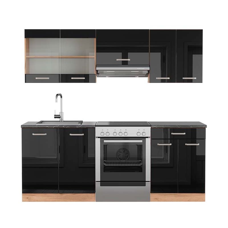 Vicco - Küchenzeile R-line, Schwarz Hochglanz/goldkraft Eiche, 200 Cm , Ap Anthrazit