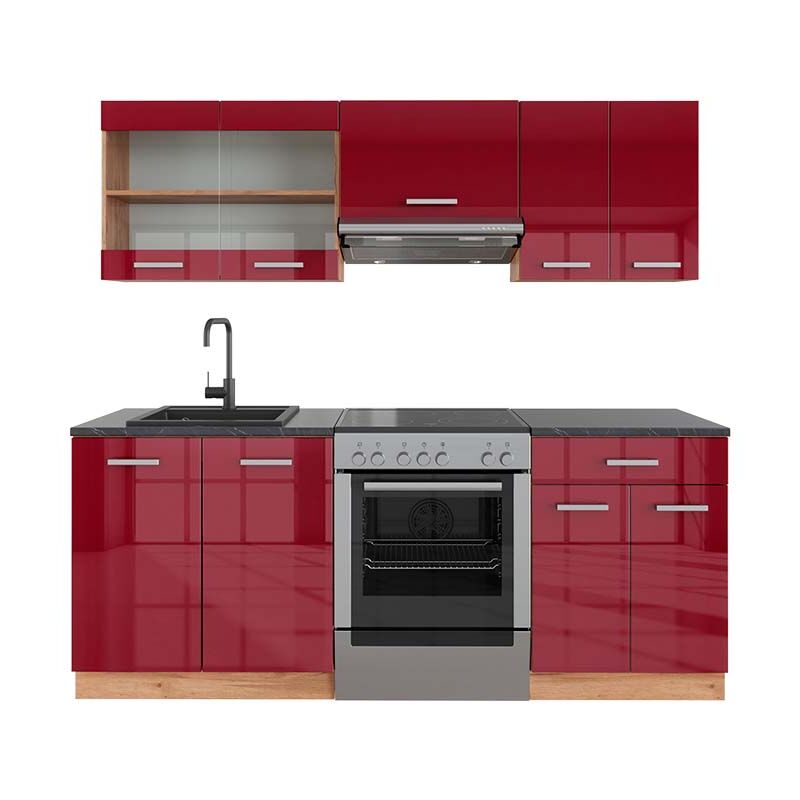 Vicco - Küchenzeile R-line, Bordeaux Hochglanz/goldkraft Eiche, 200 Cm , Ap Anthrazit