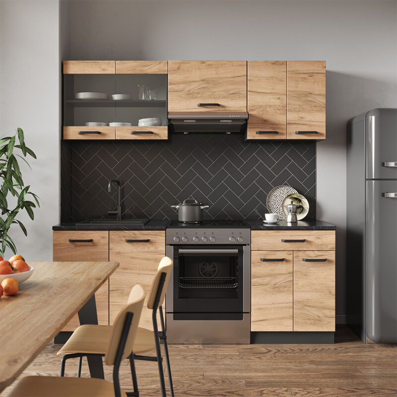 Vicco - Küchenzeile R-line, Goldkraft Eiche/anthrazit, 200 Cm , Ap Marmor