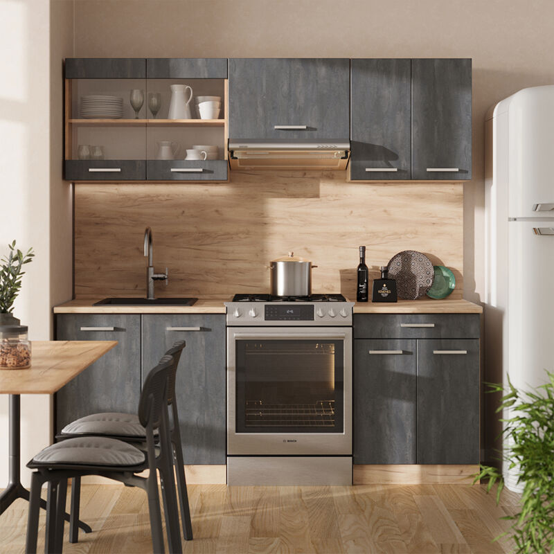 Vicco - Küchenzeile R-line, Schwarz Beton/goldkraft Eiche, 200 Cm Ap Anthrazit