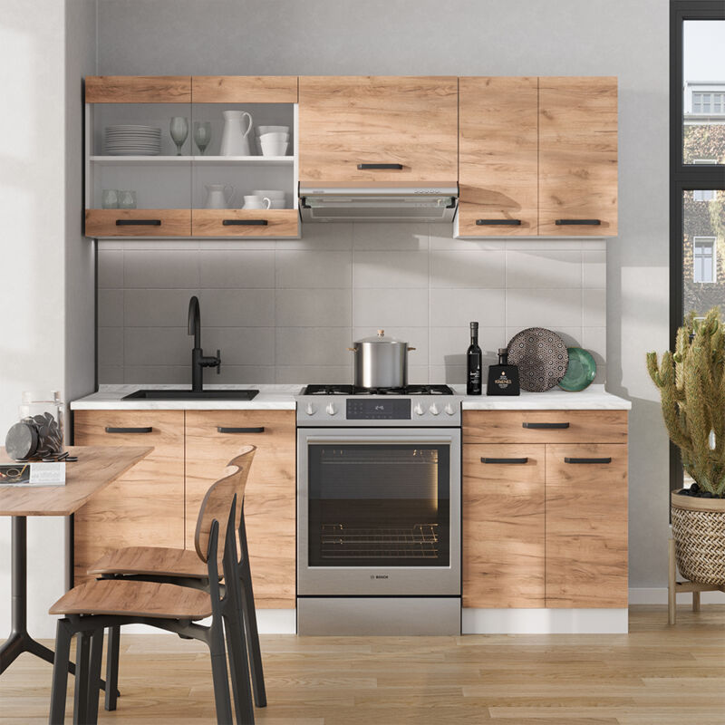 Vicco - Küchenzeile R-line, Goldkraft Eiche/weiß, 200 Cm Ap Eiche