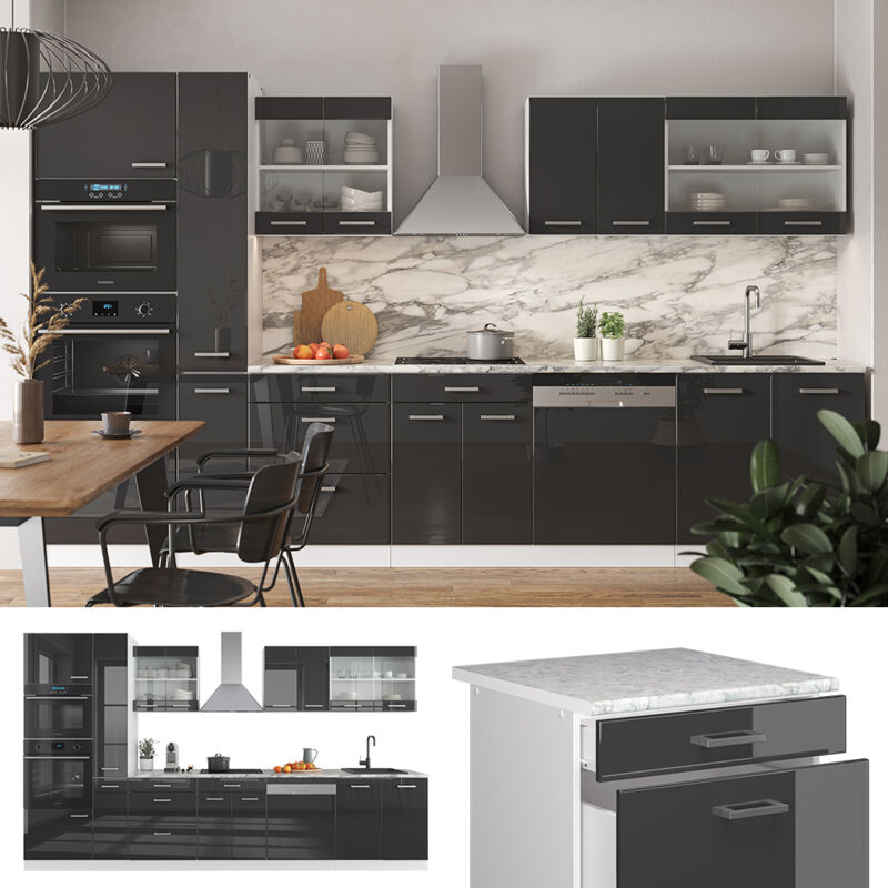 Vicco - Küchenzeile R-line, Anthrazit Hochglanz/weiß, 350 Cm Mit Hochschrank, Ap Eiche