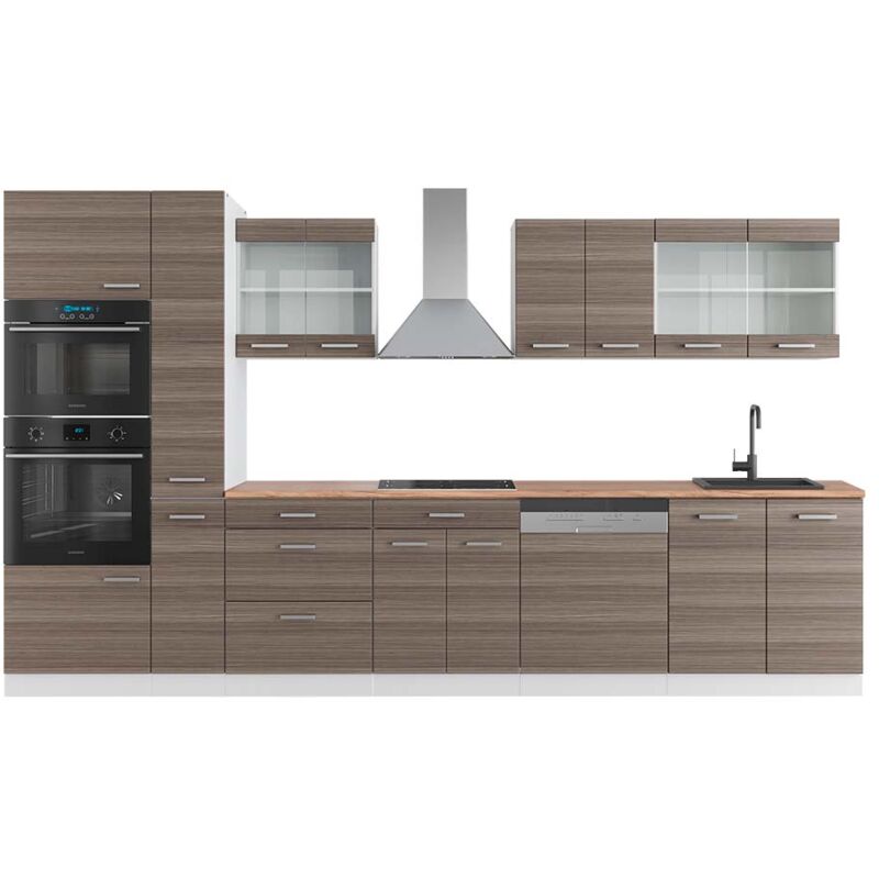 Vicco - Küchenzeile R-line, Edelgrau/weiß, 350 Cm Mit Hochschrank, Ap Eiche