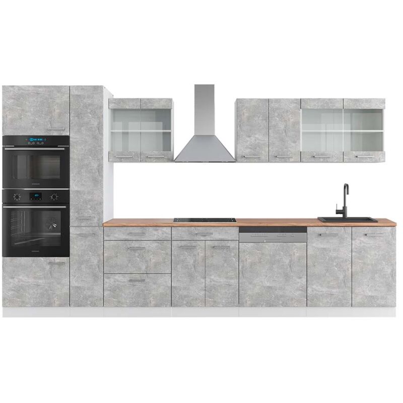 Vicco - Küchenzeile R-line, Beton/weiß, 350 Cm Mit Hochschrank, Ap Eiche