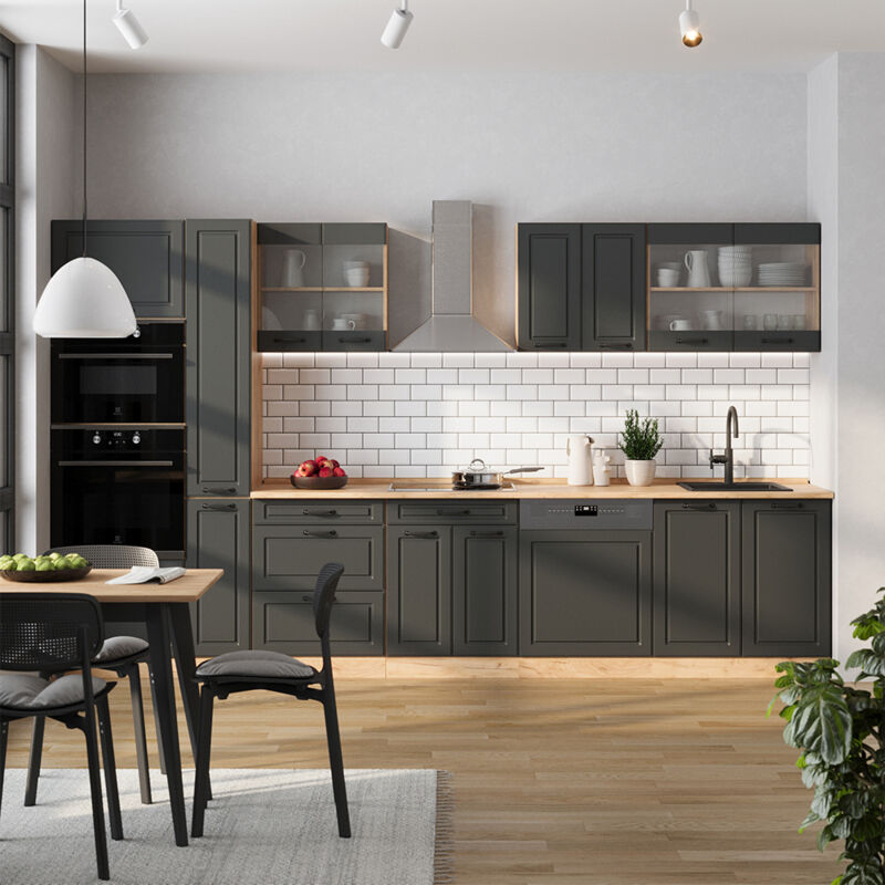 Vicco - Küchenzeile R-line, Anthrazit Landhaus/goldkraft Eiche, 350 Cm Ohne Arbeitsplatte