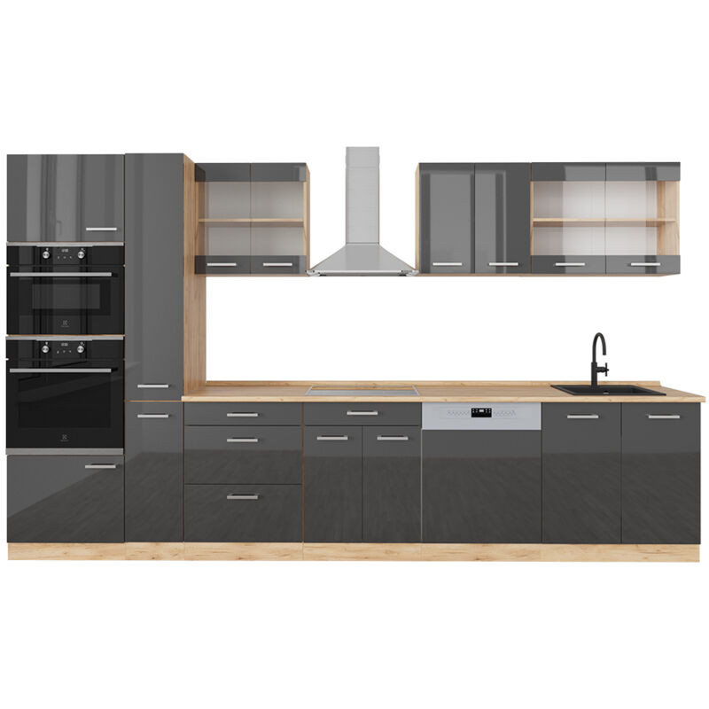 Vicco - Küchenzeile R-line, Anthrazit Hochglanz/goldkraft Eiche, 350 Cm Mit Hochschrank, Ohne Arbeitsplatte