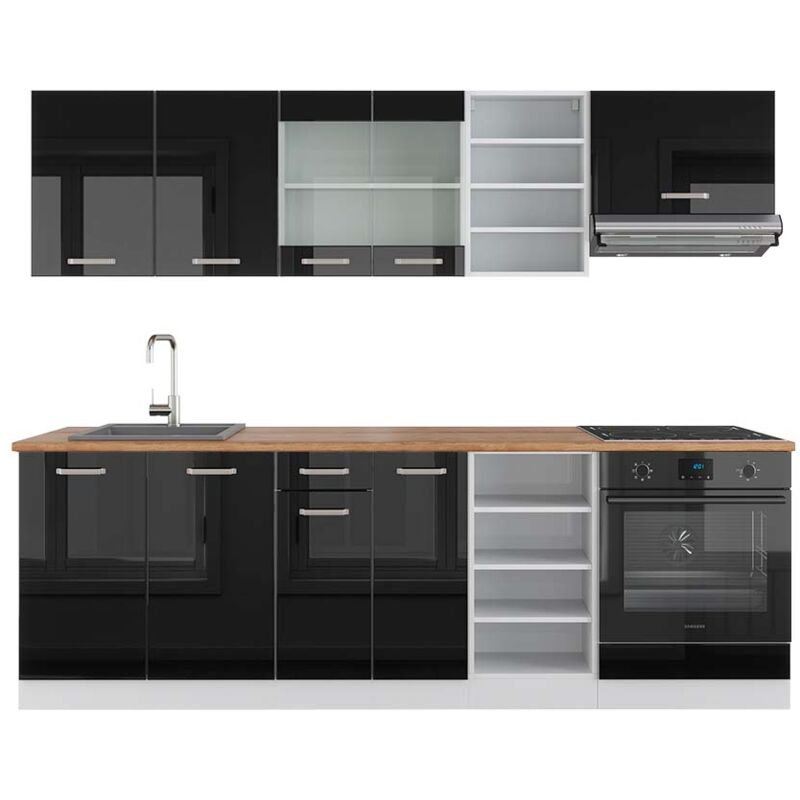 Vicco - Küchenzeile R-line, Schwarz Hochglanz/weiß, 240 Cm , Ap Eiche