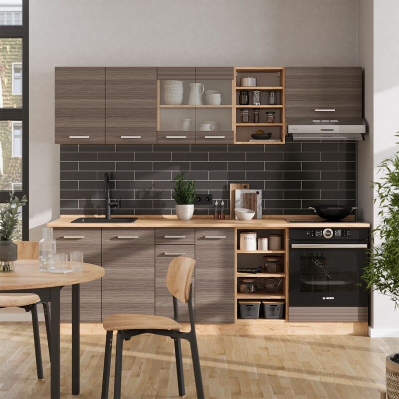 Vicco - Küchenzeile R-line, Edelgrau/goldkraft Eiche, 240 Cm , Ap Eiche